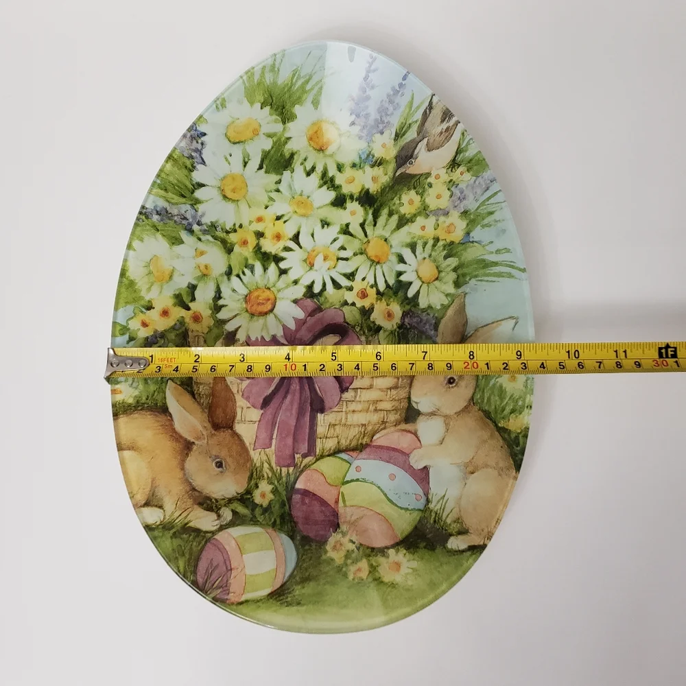 Prima Design Easter Serving Platter Glass Daisies Bunnies Egg Shaped Replacement